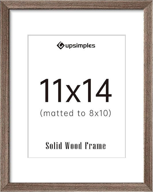 upsimples 11x14 Picture Frame, Natural Solid Wooden Picture Frames, Display 8x10 with Mat or 11 x 14 Without, Vertical or Horizontal Wall Hanging, 1 Pack, Brown