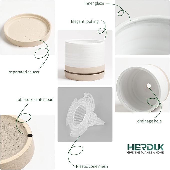 6 Inch Plant Pots, Ceramic Planter Pot with Drainage Hole & Saucer, Indoor/Outdoor Cylinder Round Planter Pot, White & Beige Glaze