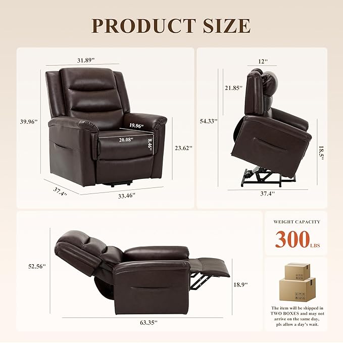 COLAMY PU Leather Electric Power Lift Chair,Lift Recliner Chair with Thick Cushioned Padding Backrest for Living Room, Office, Bedroom (Darkbrown)