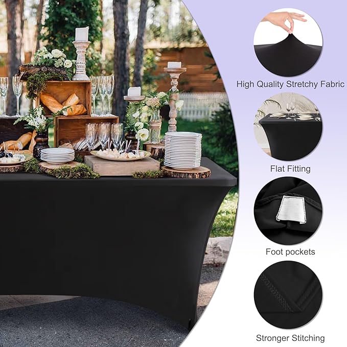 ABCCANOPY 4 FT Black Spandex Table Cover Stretch Fitted Wrinkle Resistant Tablecloth Reuse for Rectangular Folding Table Patry Event Wedding Banquet Protector