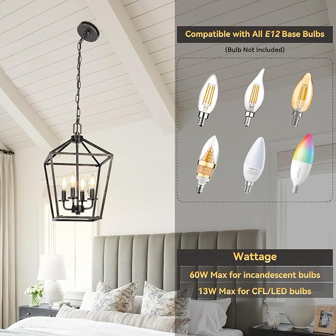 4 Light Chandelier Lighting, Industrial Ceiling Light Black Lantern with Brushed Gold, Geometric Metal Hanging Light Fixture with Adjustable Chain, E12 Base for Entryway Kitchen Island, Indoor Use