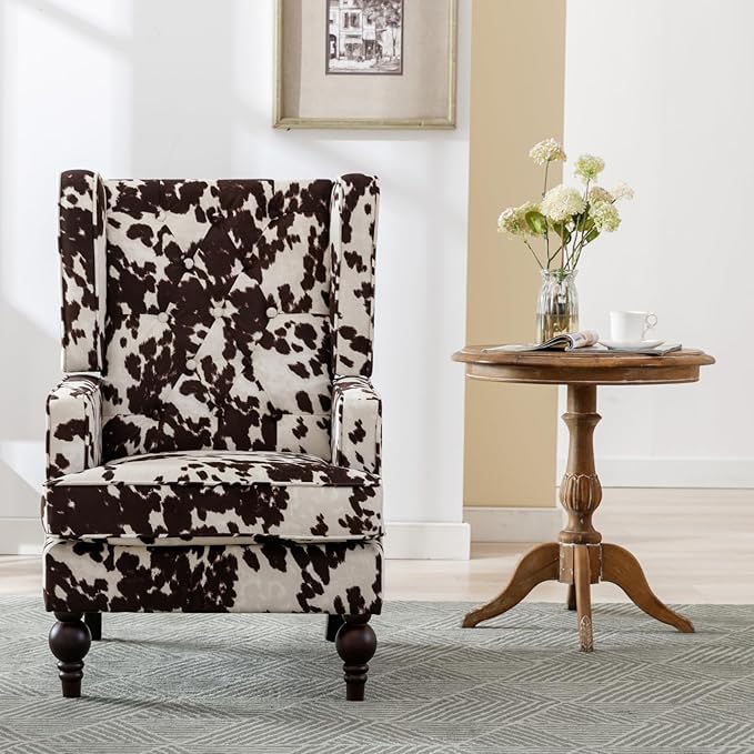 Mid-Century Accent Chair, Upholstered Arm Chair Linen Fabric Side Chair with High Back Solid Wooden Legs, Comfy Reading Chair for Living Room Bedroom, Milk Cow