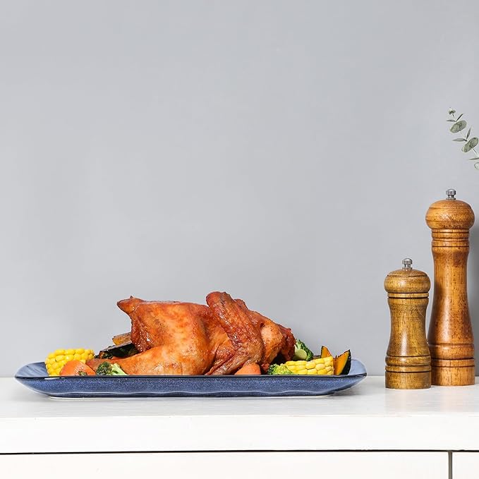 vicrays Ceramic Rectangle Serving Platters - 14" 12" 10" Porcelain Serving Trays Plates for Party BBQ Appetizers Sushi Dessert - Microwave Oven and Dishwasher Safe - Set of 3 Blue