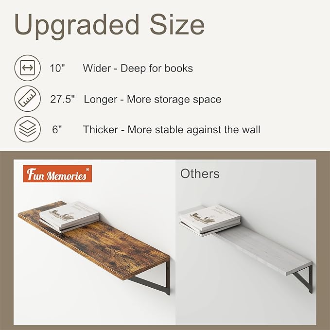 Fun Memories 27.5" W x10 D Floating Shelves, Large Wall Shelves 27.5 Inch Long, Set of 2, Farmhouse Wood Floating Shelf Wall Mounted, Deep Shelves for Bathroom, Living Room, Kitchen, Rustic Brown