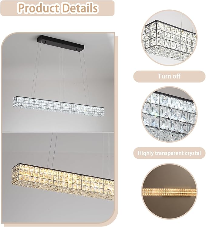 Rectangle Crystal Chandelier Modern Crystal Chandelier Black Rectangular Pendant Lighting Fixture for Dining Room Kitchen Island Bedroom (L 40")