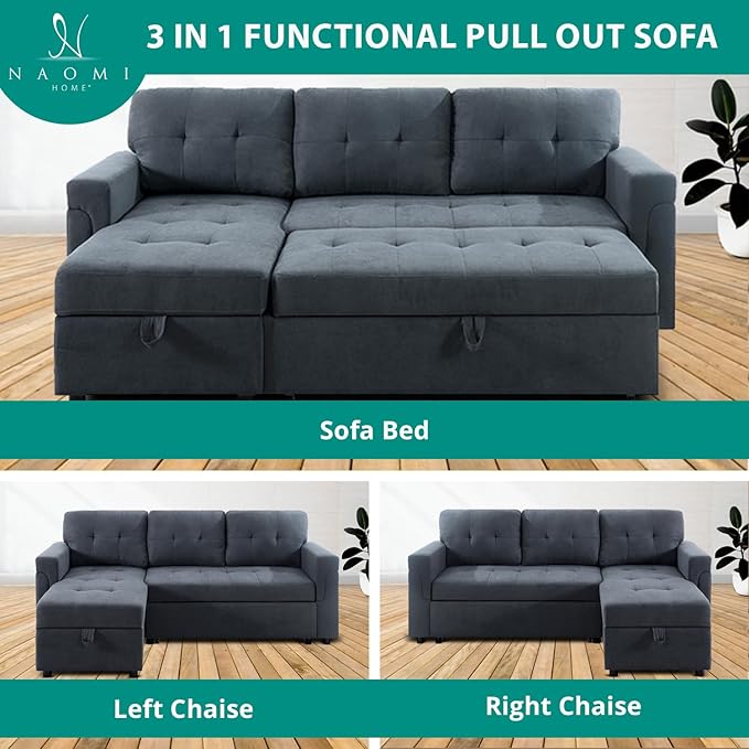 Naomi Home Transform Any Space: Sleeper Sectional Sofa with Convertible Sofa Bed & Inviting Chaise. Find Tranquil Comfort with Stress-Relieving Design & Durable Cushions - Dark Gray/Velvet