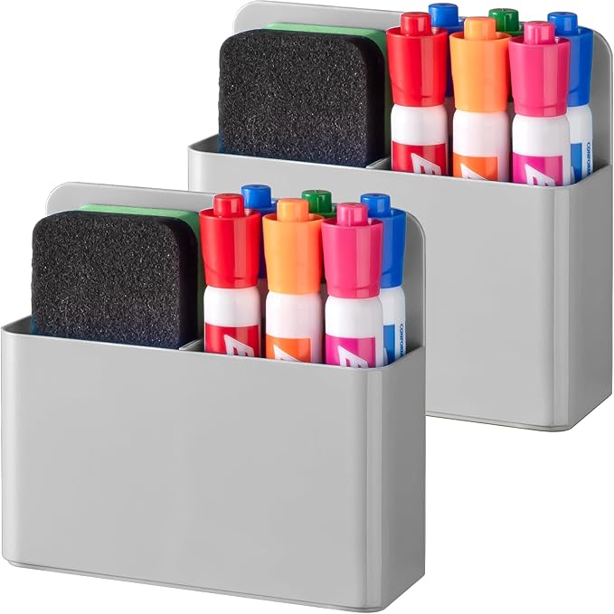 BEYGORM 2 Pack Plastics Magnetic Pen Holder for Refrigerator, Dry Erase Marker Holder for Whiteboard,Magnet School Locker Organizer Accessories, Pencil Cup, Pen Caddy, Classroom Organization(Grey)