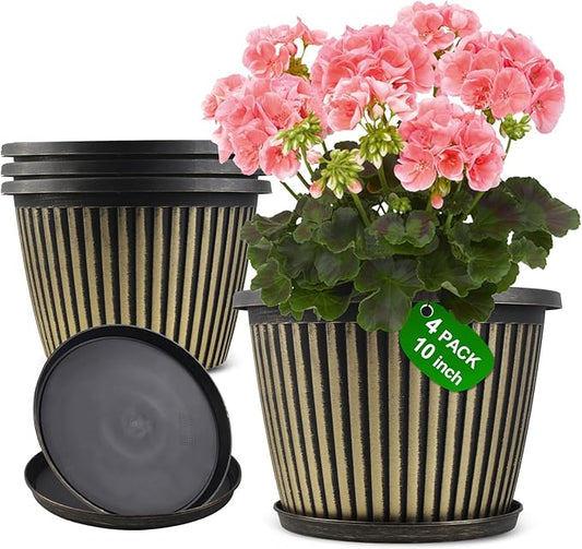 Planter-Pots-for-Plants-Indoor-Outdoor, 4 Pack 10 Inch Plastic Flower Pots with Saucer & Drainage Holes, Modern Garden Planters for Planting Medium Large Plants,Decorative Resin Garden Pots