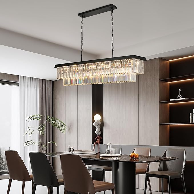 Crystal Chandeliers for Dining Room Light Fixtures Over Table,18-Lights Black Modern Rectangle Chandeliers for Kitchen Island Bar L46 Inch