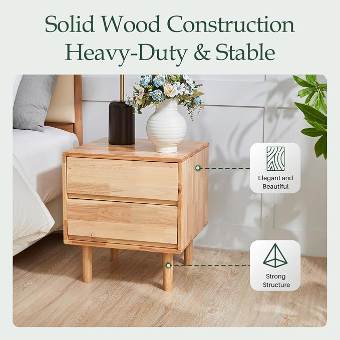 Modern Solid Wood Nightstand with Drawers - Mid Century Modern 2 Drawer Natural Wooden Small Narrow Nightstand Bedside Side End Table with Storage for Living Room Bedroom, 15.7" D x 17.1" W x 19.6" H