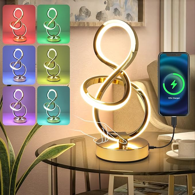 Modern Spiral Table Lamp, 7 Colors 10 Light Modes LED Nightstand Small Lamp with USB C+A Ports, Touch Dimmable Lamps for Living Room Bedroom Bedside, Unique & Cool Lamps,Gold