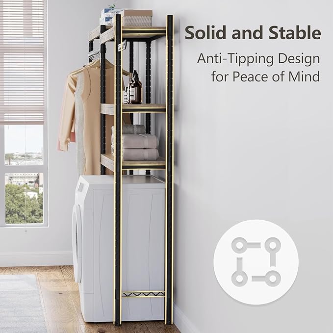 CABIHOME 5-Tier Over-The-Washer Shelf - Adjustable Height Laundry Organizer Space Saver, Double-Layer 100lb Shelves, 2 Hooks for Bathroom/Balcony (Grey & Black)