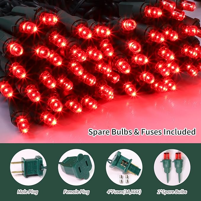 Red Wide Angle LED Christmas Lights, 64.8 Ft 300 Count, Pack of 3 Strands 21.9 Ft 100 Lights UL Certified Commercial Grade Green Wire 5mm Holiday String Light