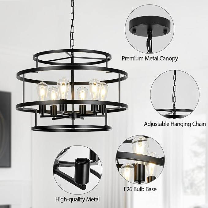 24" Black Chandelier, 6-Light Farmhouse Pendant Light Fixture with Geometric Metal Frame, Modern Industrial Ceiling Hanging Light for Dining Room, Living Room, Bedroom, Kitchen Island, Hallway, Foyer
