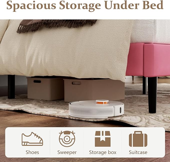 King Size Bed Frame with Headboard, Platform Bed Frame with Velvet Upholstered Button Tufted Headboard, Wood Slats Support, No Box Spring Needed, Mattress Foundation, Easy Assembly, Pink