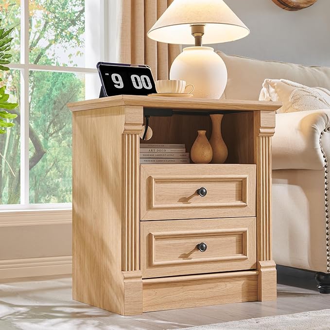 26" Tall Farmhouse Nightstand, 2 Drawers End Table w/Charging Station, 23.6" Wide Large Side Table w/Roman Column, Wood Rustic Sofa Table w/Open Shelf, Bedside Table for Bedroom, Natrual