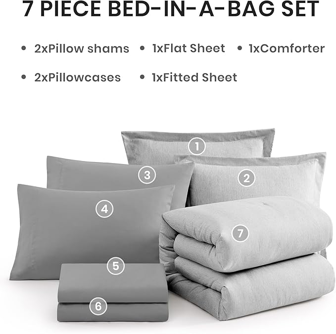 Monbix Queen Comforter Set - 7 Pieces Cationic Dyeing Light Grey Bed in a Bag Queen Bedding Sets with Comforter, Sheets, Pillowcases & Shams, Reversible Bedding Comforters Sets