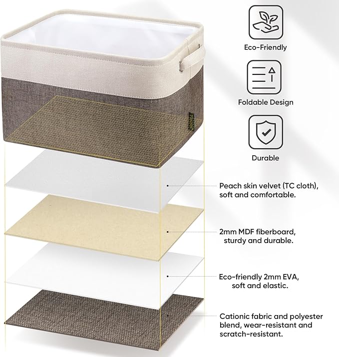 BALEINE 2 Pack Fabric Storage Bins for Shelves, Linen Storage Baskets for Organizing, Decorative Closet Bins for Clothes, Home (Brown, 15"x11"x9.5") 
