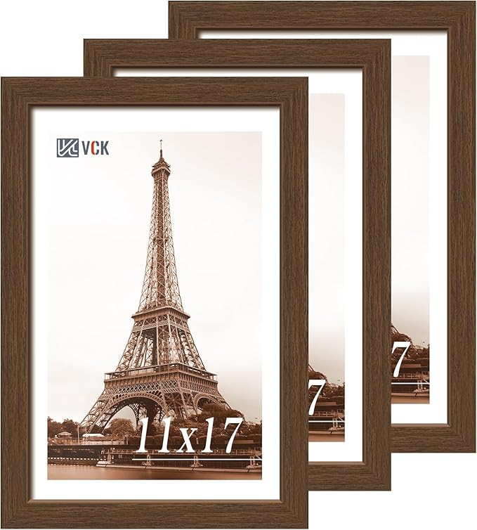 VCK 11x17 Picture Frame 3 Pack, Brown Wood Poster Frame with Exclusive Wood Grain, Wall Mounting Hanging