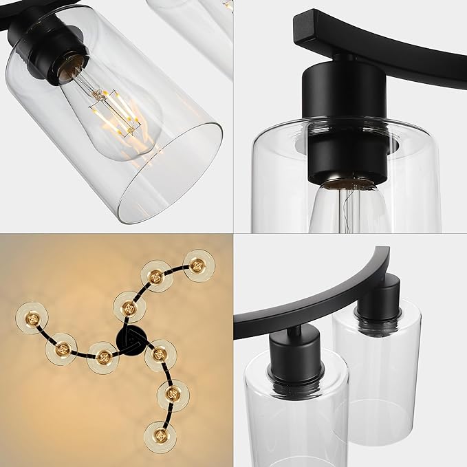 9-Light Black Modern Chandeliers for Dining Room, Adjustable Height Farmhouse Kitchen Island Lighting, Industrial Hanging Light Fixtures for Living Room Bedroom, Clear Glass Shade