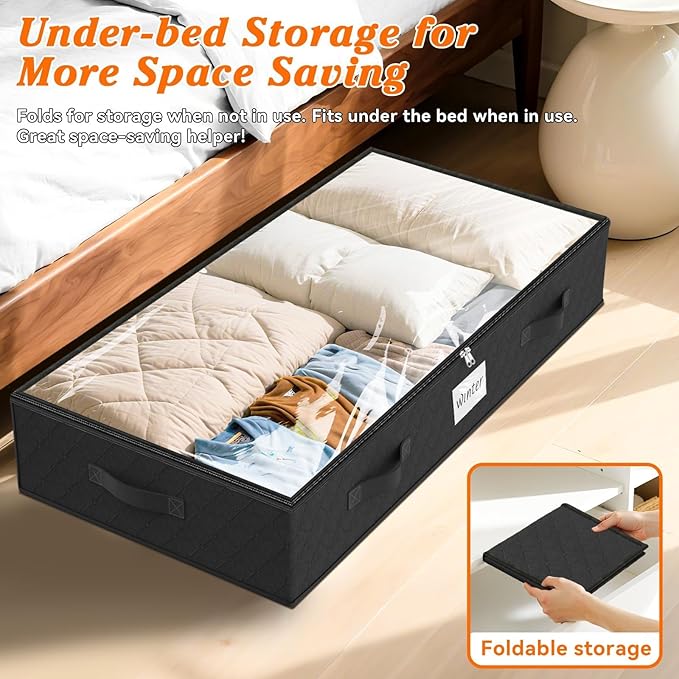 SpaceWhisper 90L Under Bed Storage Containers, 4-Pack Storage Bins with Clear Top, Foldable Closet Organizers and Storage with Label Holder for Clothing, Blankets, Comforter & Pillows(Black)