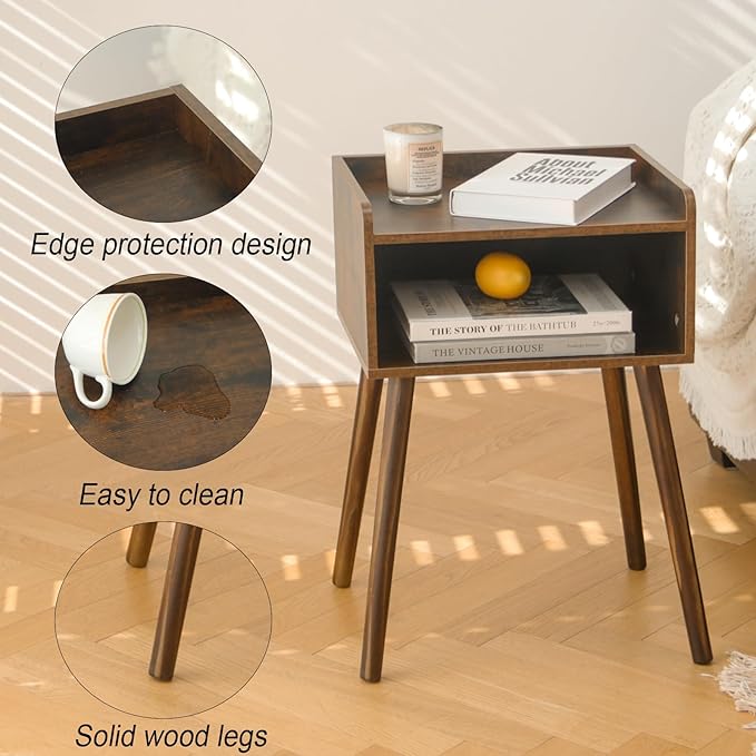 MaxSmeo Night Stand Set 2, Mid Century Modern Side Table Bedroom with Storage, Small End Bedside Table Set of 2 with Solid Wood Legs for Living Room, Office Small Spaces (Rustic Brown)