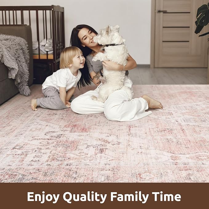 AMOAMI-2X6 Runner Rug-Washable Runners for Hallways-Soft Non Slip Bedside Rugs for Bedroom-Vintage Long Rug for Hallways Entryway Laundry Room Stair Kitchen Bathroom Pink