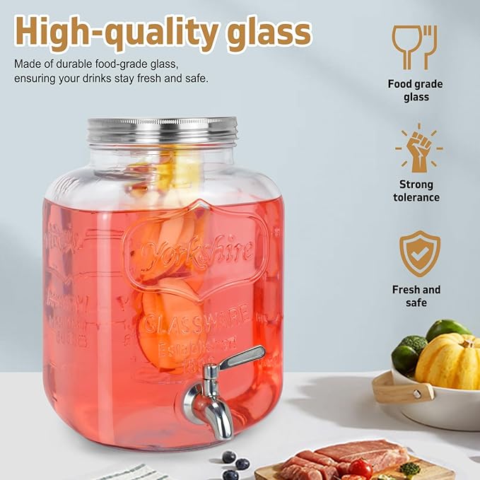 DD&HAPP Gallon Glass Drink Dispensers For Parties 2PACK.1.5Gallon Beverage Dispenser,Glass Drink Dispenser With Stand And Stainless Steel Spigot 100% Leakproof.Lemonade Dispenser With Ice Cylinder.