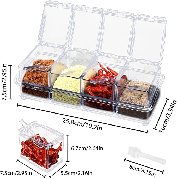 Clear Spice Containers, 4 Pieces Condiment Container with Lids for Salt Sugar, Acrylic Spice Rack Spice Container with Spoon