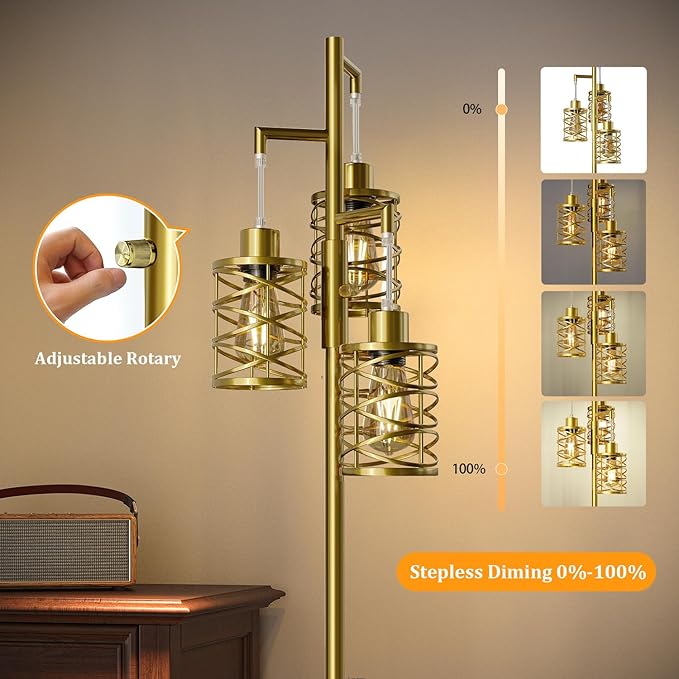 Oneach 70" Industrial Floor Lamp, Stepless Dimmable Standing Lamp with 3 Bulbs, Farmhouse Corner Standing Tree Lamp for Living Room, Tall Lamps for Bedroom, Office, Study Room, Dining Room, Gold