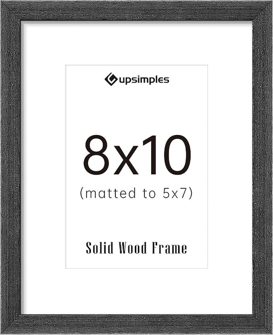 upsimples 8x10 Picture Frame, Natural Solid Wooden Picture Frames, Display 5x7 with Mat or 8 x 10 Without Mat, Wall or Tabletop, 1 Pack, Black