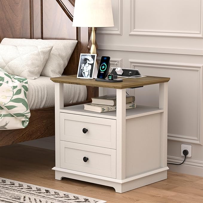 HIFYOBRO End Table with Flip Top Charging Station and 2 Drawers, Type-C & USB Port & Power outlets, Wooden Storage Cabinet, Large Side Table with Storage for Living Room and Bedroom (White)