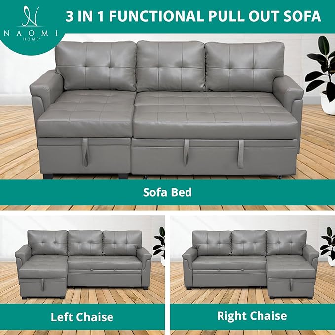 Naomi Home Modern Sectional Sofa with Storage Chaise Gray/Air Leather