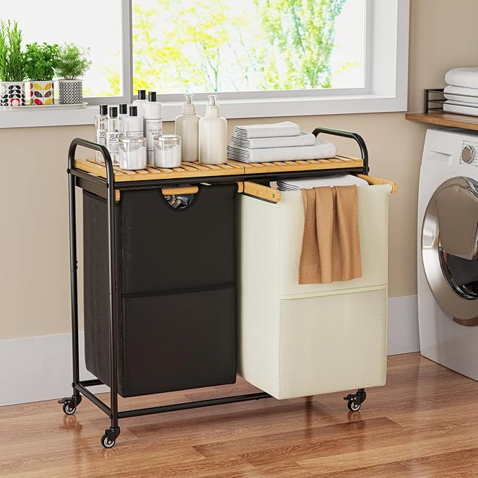 Laundry Hampers 2 Section, Laundry Sorter with Removable Shelf and Pull-Out Bags, Clothes Hampers with Wheels Rolling Cart Basket for Laundry Room Bathroom, 2 x 50 L (Black White)
