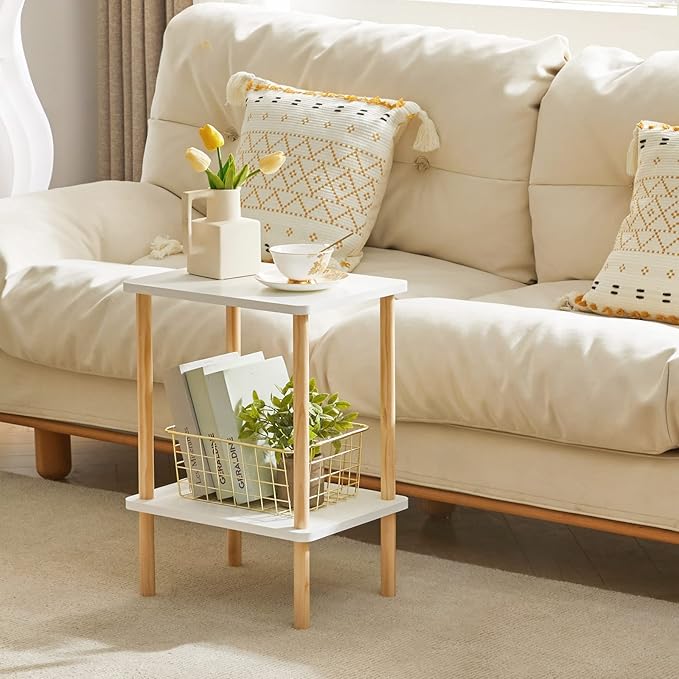 IBUYKE 2-Tier Side Table, Solid Wood Tall End Table with Storage Shelves, Nightstand Bedside Table for Living Room Bedroom Office, No-Tool Assembly, White UWST002W