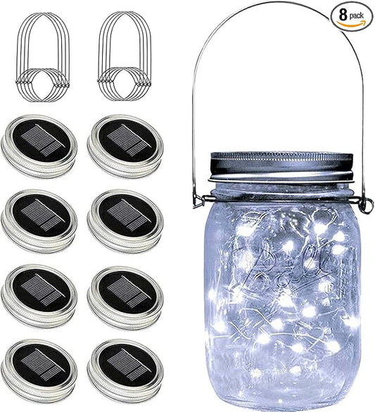 8 Pack Fairy Star Firefly Jar Lids Lights,Solar Fairy String Lids Lights(No Jars),Waterproof Lantern Mason String Solar Lights with Hangers for Regular Mouth Jars Christmas Gifts(Cold White)