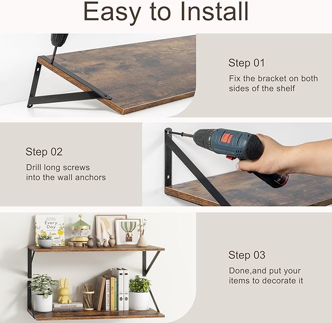 Floating Shelves 55 Inch Long, 10" Deep Floating Shelves, Wall Shelves 55 x 10, Set of 2, Wide Large Display Storage Shelves for Bathroom, Living Room, Rustic Wood Shelves with Brackets, Rustic Brown