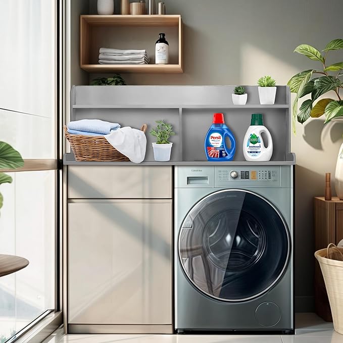 Royxen 2-Tier Washer Dryer Countertop,19.5"H Wood Washer and Dryer Topper with Storage Shelf,Laundry Countertop Over Washer Machine, Universal Fit for Laundry Room Organization (Grey,54"W X 27.5"D)