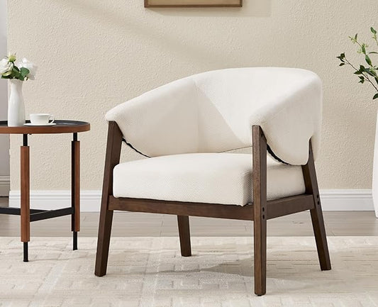 Mid-Century Modern Accent Chair, Comfy Barrel Armchair with Wide Seat, Upholstered Lounge Chair with Walnut Wood Legs for Living Room/Bedroom/Reading Corner, Chenille, Beige, 1PC