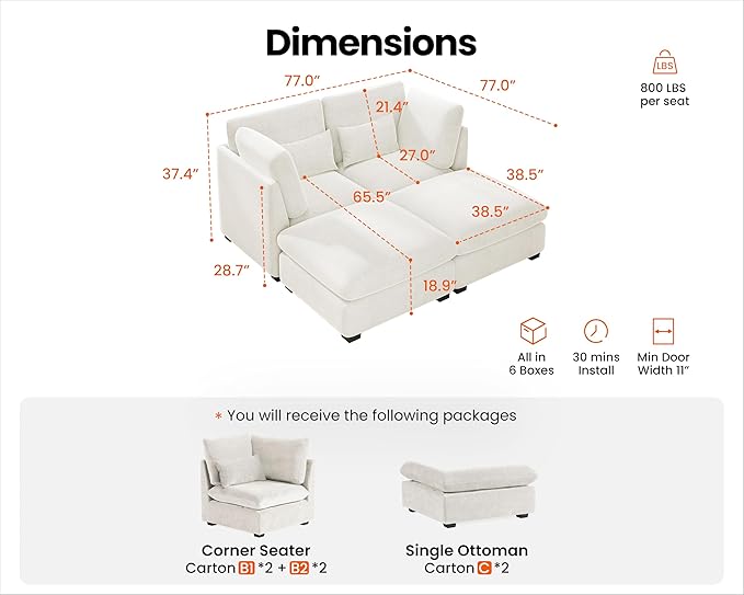 Oversized Modular Sofa, Extra Deep Cloud Chenille Sectional Couch with Ottoman Chaise, Fluffy Chenille 2 Seater Sofa Bed for Living Room, Villa (Sofa Bed 4 Seater, Chenille White)