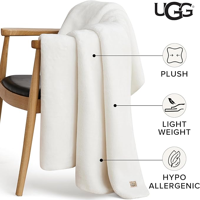 UGG Whitecap Plush Throw Blanket Fleece Lightweight Soft Cozy Throw for Couch or Bed Luxury Home Decor for Living Room Washable Hypoallergenic Blankets for Dorm Decor, 50-inch x 70-inch, White Snow