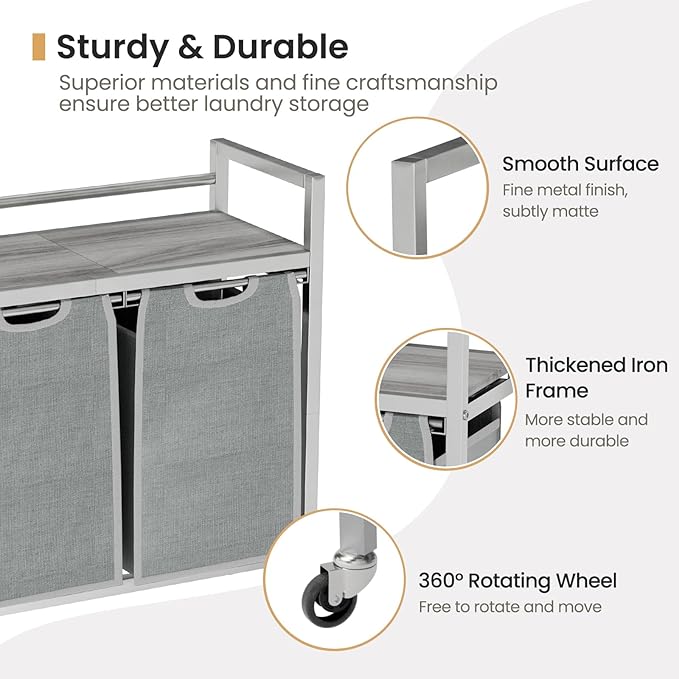 Laundry Hamper, Laundry Basket, Laundry Sorter with 3 Removable Bags, Clothes Basket with 3 Compartments, Wheels, Shelf for Laundry Room Bathroom Bedroom (2 Bags-Gray)