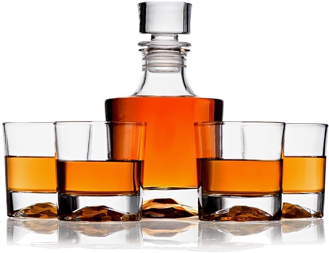 Whiskey Decanter Glasses Gift Set - 4 Whiskey Glasses - Airtight Stopper for Wine, Bourbon, Brandy, Juice, Water - Decanter Sets For Men Christmas Gifts for Dad Boyfriend Husband Him - Bezrat