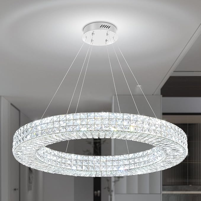 Dia 32" Ring Crystal Chandelier Modern Silver Ring Chandelier Adjustable Height Luxury Crystal Pendant Ceiling Light Fixture for Dining Living Room Bedroom