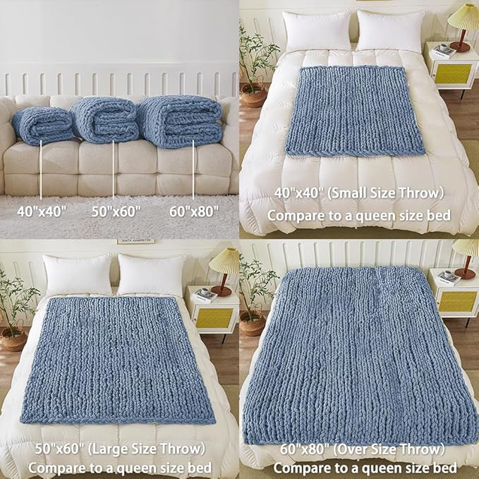 WESHIONGOO Chunky Knit Blanket Throw 40"×40" Knitted Throw Blankets for Couch Bed Fluffy Soft Blanket with Jumbo Chenille Yarn Thick 100% Handmade (Dusty Blue)
