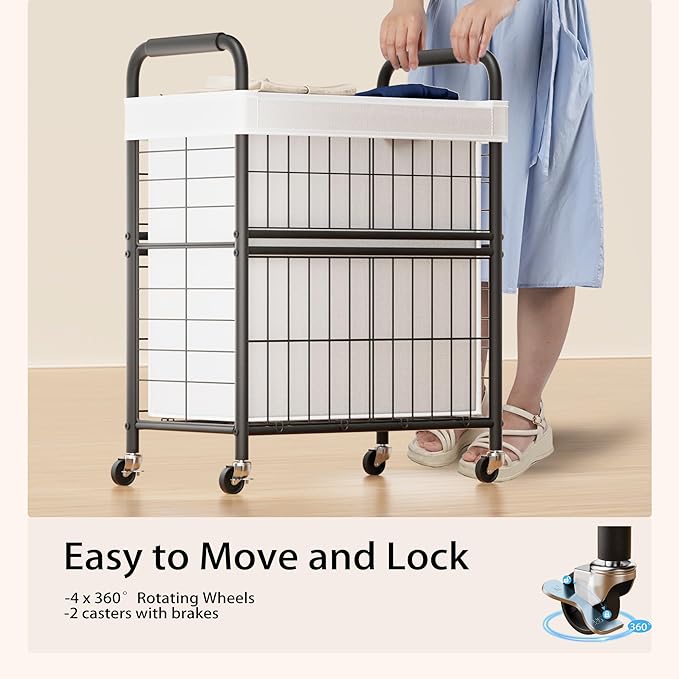 Laundry Hamper 2 Section, 110L Rolling Laundry Sorter Basket with Wheels, 2 Compartment Clothes Organizer Cart, Pull-Out Removable Bags for Laundry Room, Bathroom, Bedroom, White