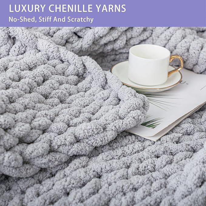 Bigacogo Chunky Knit Throw Blanket for Couch, 40x40 inches, 100% Hand Knitted with Thick Jumbo Chenille Yarn, Cozy Soft Large Rope Knot Cable Crochet Blankets for Sofa Bed Living Room, Light Grey