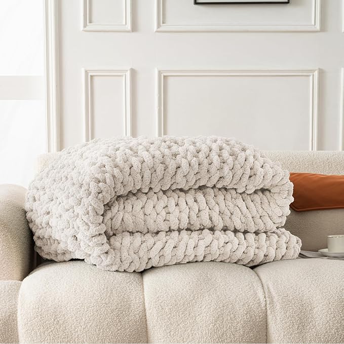 Ultra Soft Chunky Knit Blanket Throw -40x50 Hand Knitted Warm Chenille Throw Blanket, Home Decor Soft Thick Yarn Cable Knit Blanket Breathable Fleece Banket Christmas for Couch Bed Sofa Best GIF