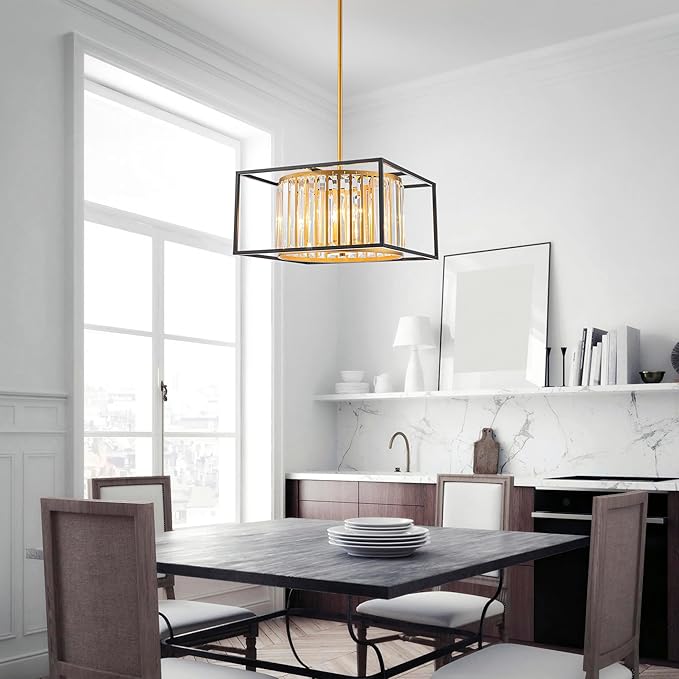 5-Lights K9 Crystal Chandelier, Modern Style Pendant Light Fixture for Dining Room, Bedroom & Living Room, Gold & Black Finish, L16.5 * W16.5 * H12~48 inch (Adjustable Height)