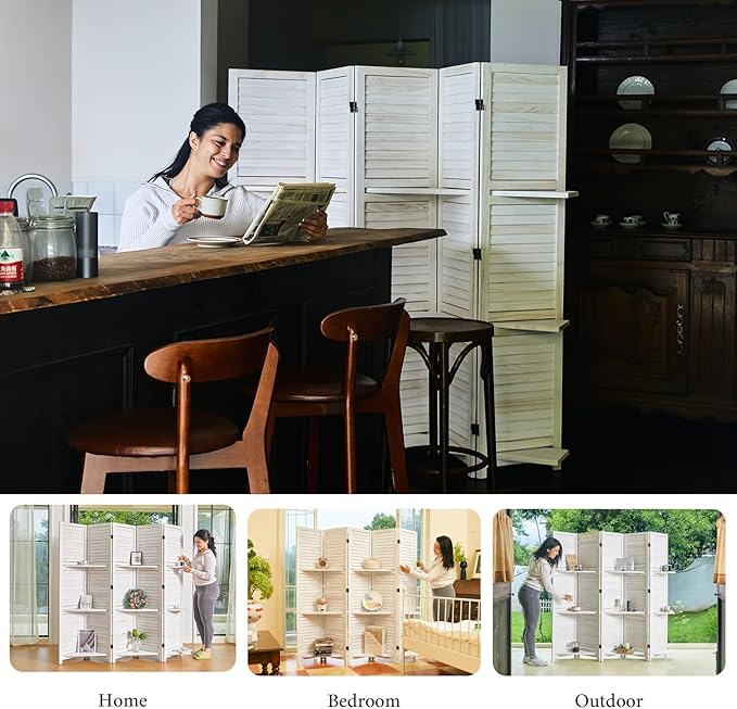 Partition Room Dividers, Folding Wood Privacy Screen with Three Display Shelves Suitable for Home Office, Study, Art Display - 5 Panel, 67 * 64inch (White-Washed)